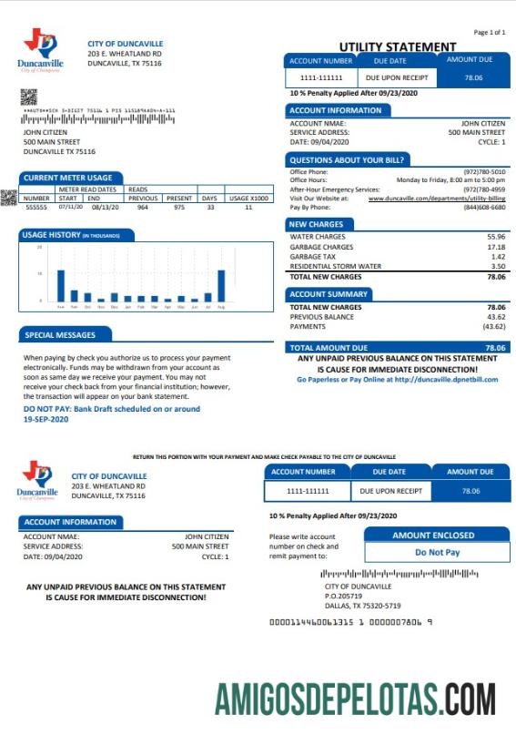 realista Modelo de conta de serviços públicos de água, esgoto e lixo dos EUA, cidade de Duncanville, Texas, em formato Word e PDF